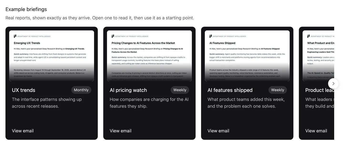 Example briefings in Deep Research: UX trends, AI pricing watch and AI features shipped