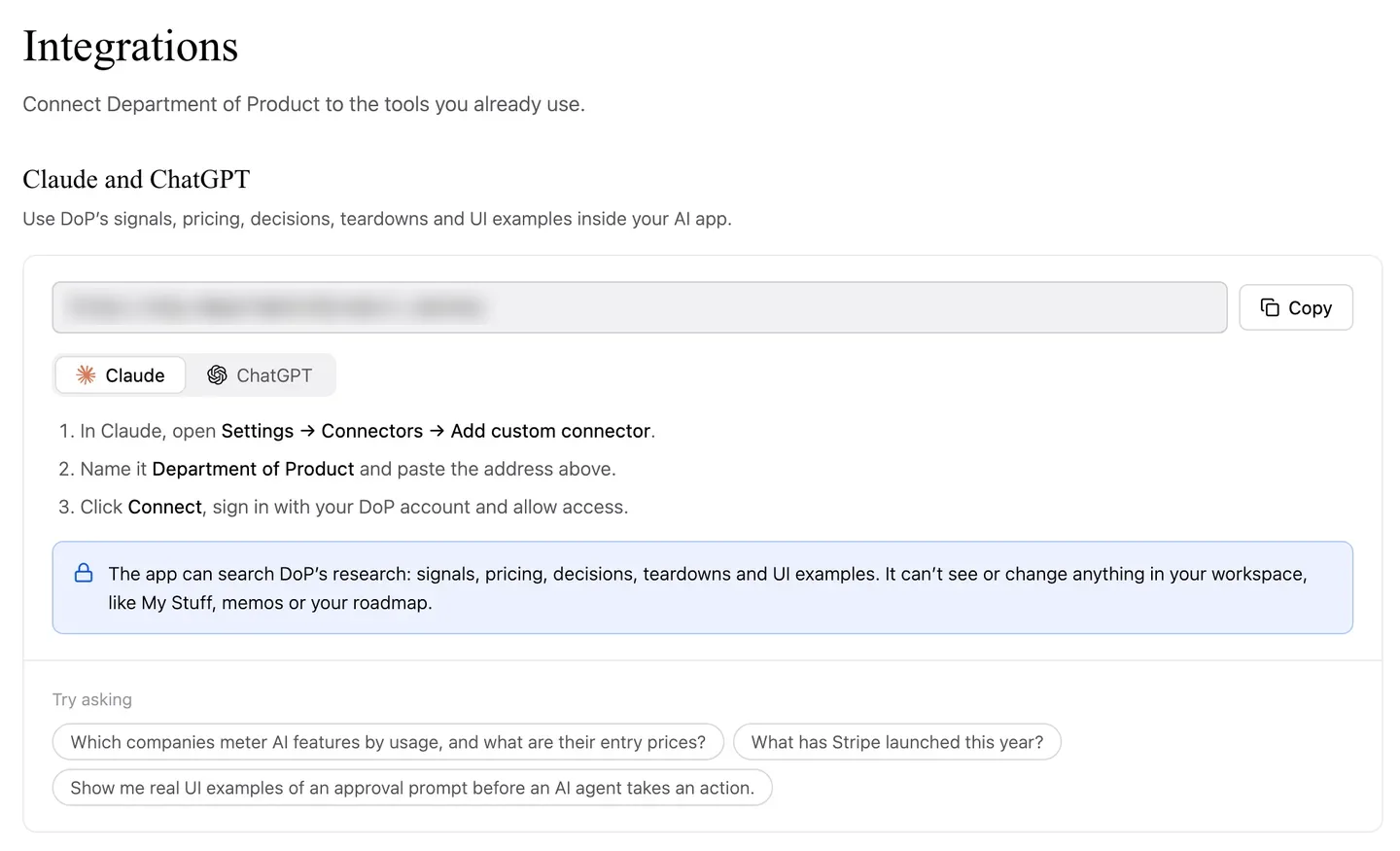 Settings → Integrations, with the server address, steps to connect Claude and example questions