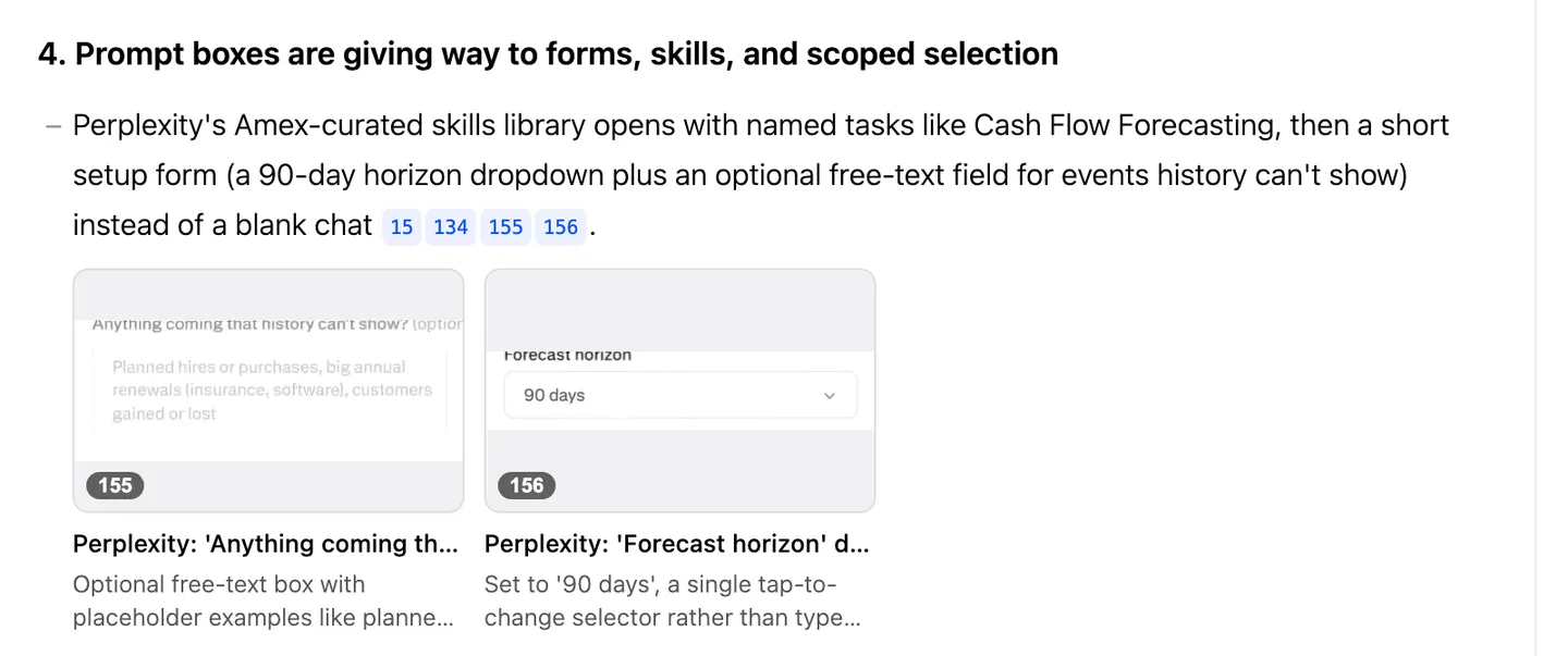 A Deep Research report section with two Perplexity UI examples under the paragraph that cites them