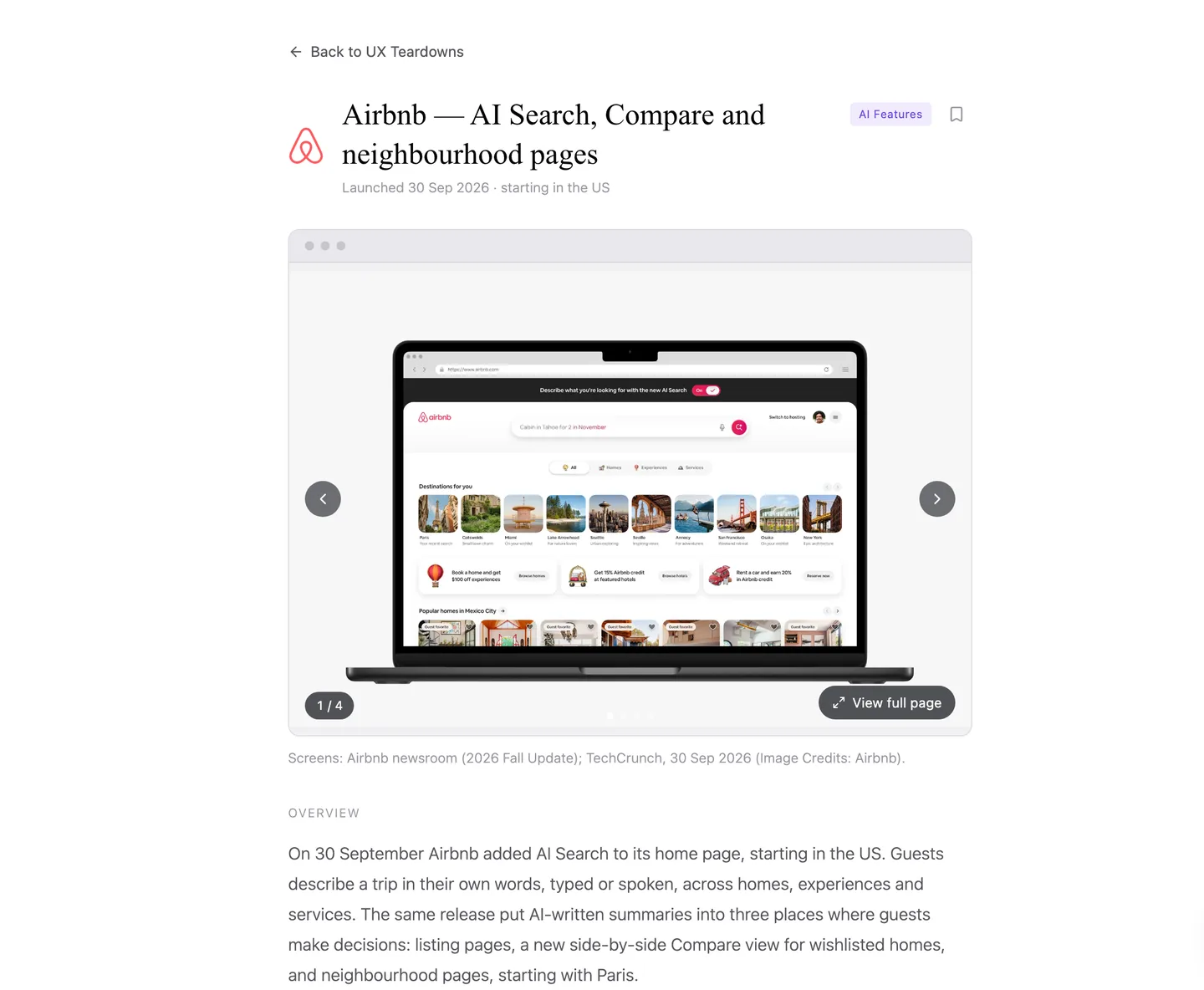 An AI feature teardown of Airbnb’s AI Search, Compare and neighbourhood pages