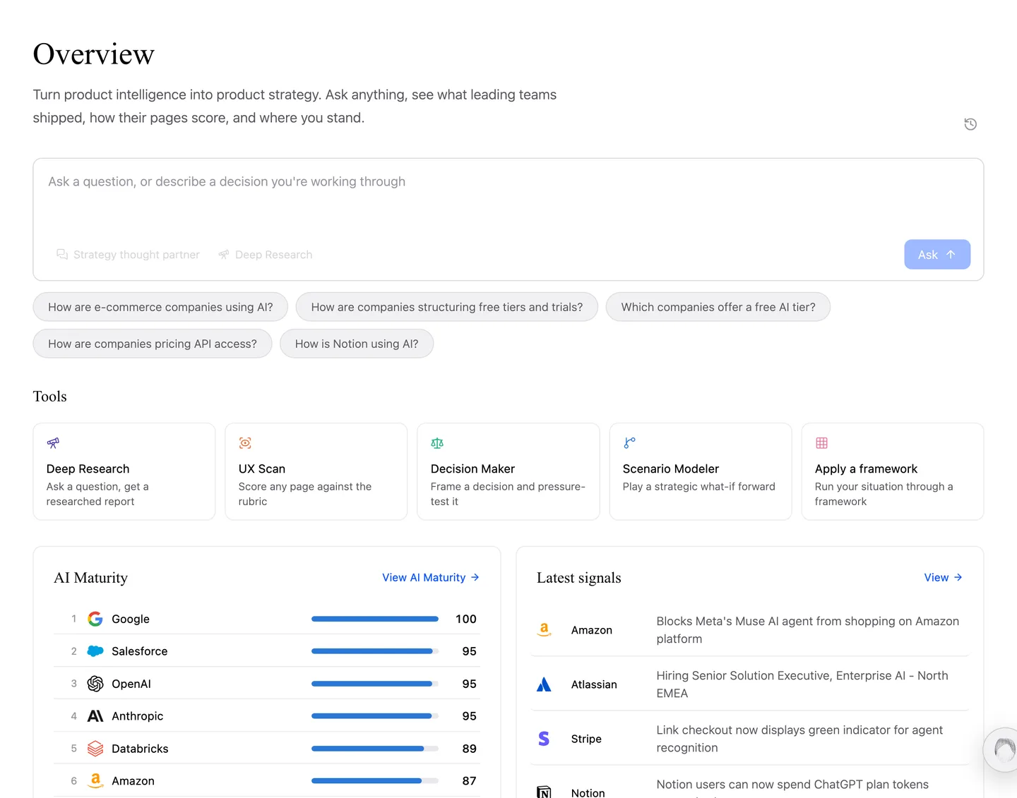 The new Overview, opening with an ask box, suggested questions and tools
