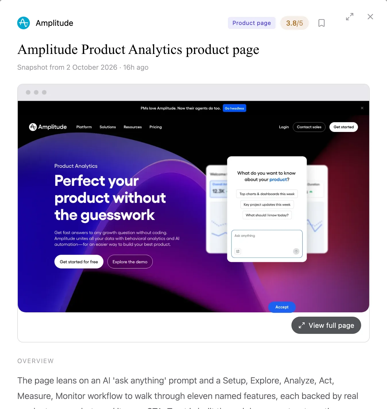 A product page teardown of Amplitude’s Product Analytics page, scored 3.8 out of 5