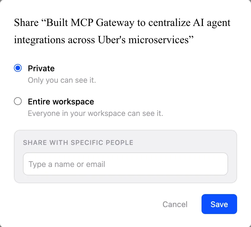 The share dialog in My Stuff, with private, workspace and specific-people options