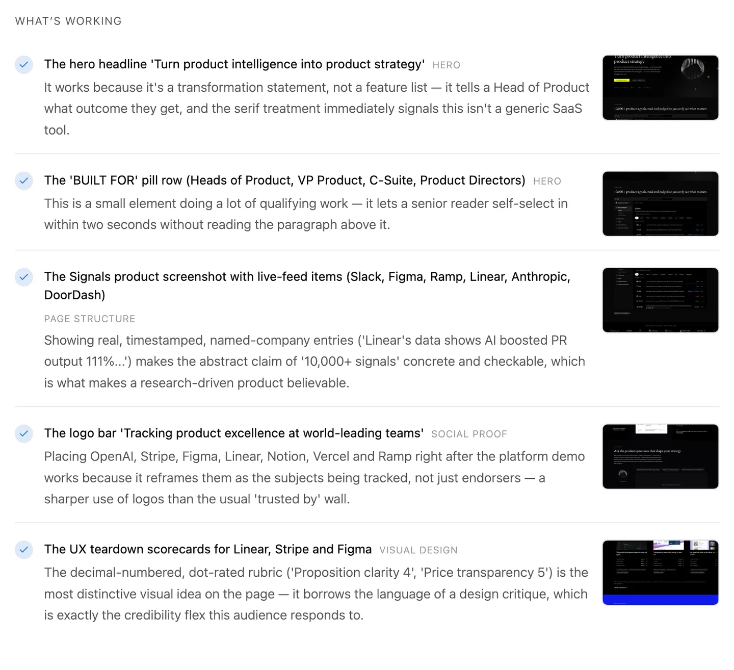 The “What’s working” section of a UX Scan designer’s read, each point pinned to part of the page