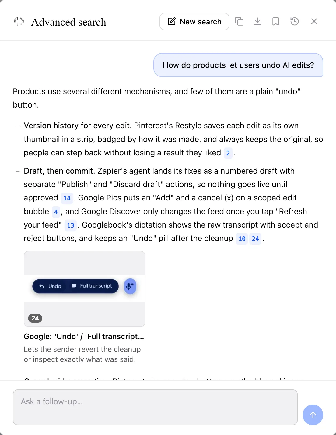 Advanced search answering “How do products let users undo AI edits?” with an inline UI example from Google