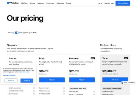 Webflow pricing capture